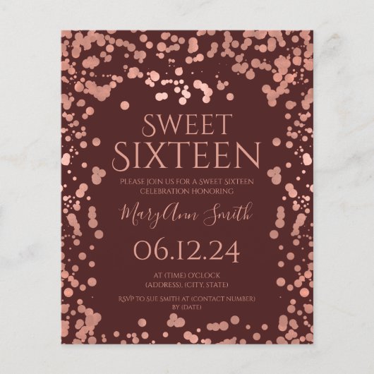 Budget Roos Gold Foil Confetti Sweet 16th Burgundy Flyer (Voorkant)