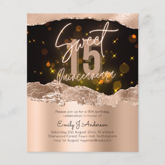BUDGET Roos Gold Foil Glitter Quinceanera 15th Fly Flyer (Voorkant)
