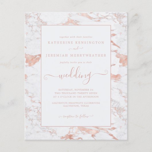 Budget Roos Gold Foil Marble Wedding Invitation (Voorkant)