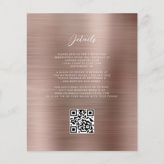 Budget Roos Gold Glam QR Code Huwelijksuitnodiging (Achterkant)