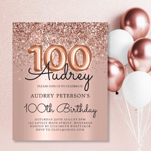 Budget Roos Gold Glitter 100e Verjaardag Uitnodige