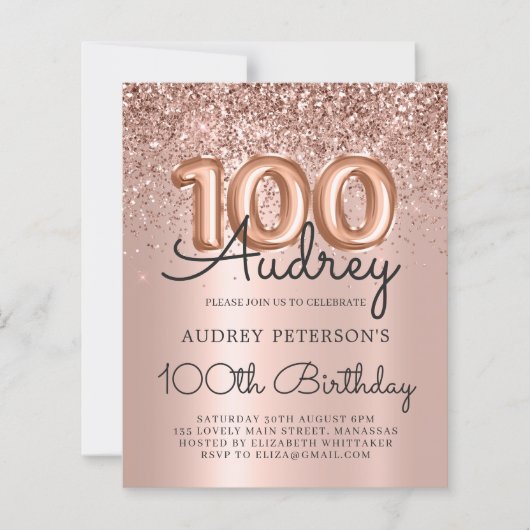 Budget Roos Gold Glitter 100e Verjaardag Uitnodige (Voorkant)
