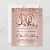 Budget Roos Gold Glitter 10e Verjaardagsuitnodigin (Voorkant)