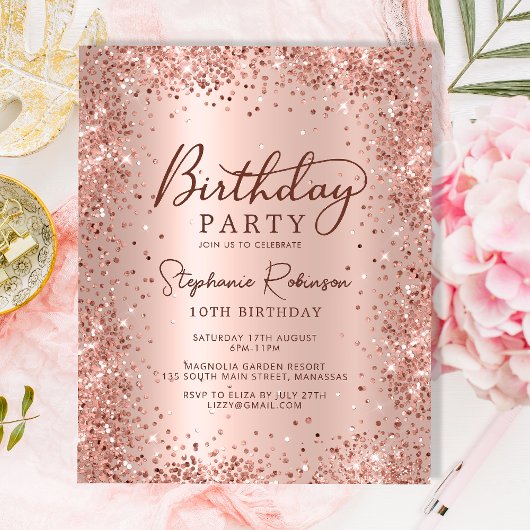 Budget Roos Gold Glitter 10e Verjaardagsuitnodigin