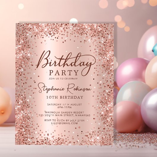 Budget Roos Gold Glitter 10e Verjaardagsuitnodigin