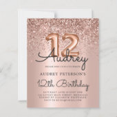Budget Roos Gold Glitter 12e verjaardag Uitnodigin (Voorkant)