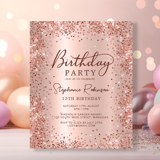 Budget Roos Gold Glitter 13e Verjaardagsuitnodigin