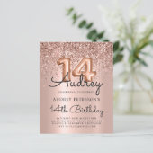 Budget Roos Gold Glitter 14e verjaardag Uitnodigin (Staand voorkant)