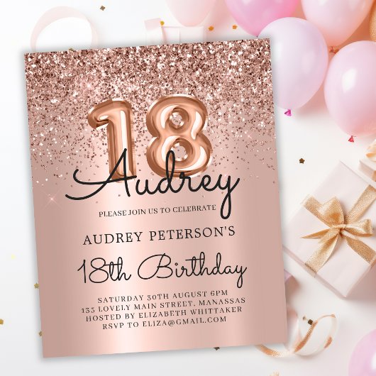 Budget Roos Gold Glitter 18e Verjaardagsuitnodigin