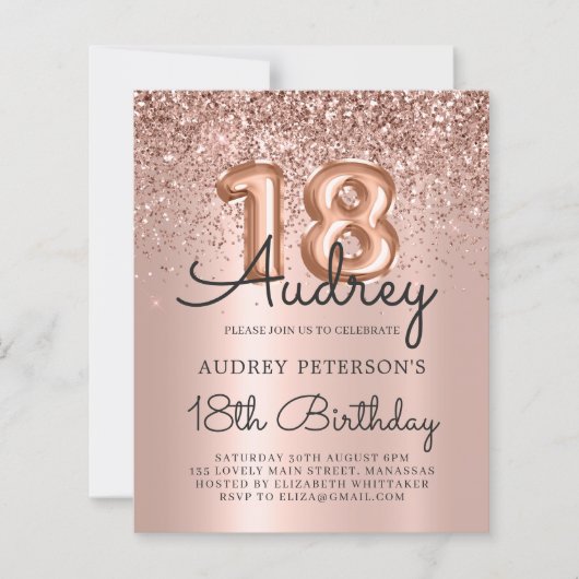 Budget Roos Gold Glitter 18e Verjaardagsuitnodigin (Voorkant)