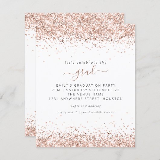 Budget Roos Gold Glitter 2024 Afstuderen Invite (Voorkant / Achterkant)