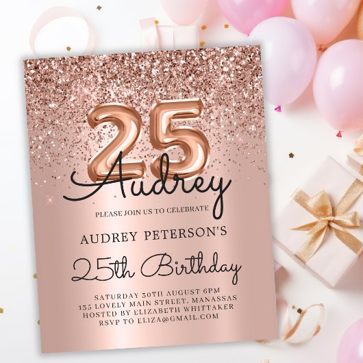 Budget Roos Gold Glitter 25e Verjaardagsuitnodigin