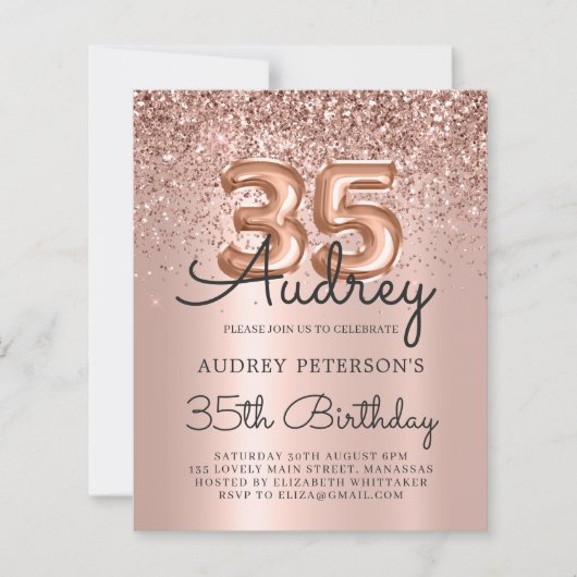 Budget Roos Gold Glitter 35e verjaardag Uitnodigin (Voorkant)