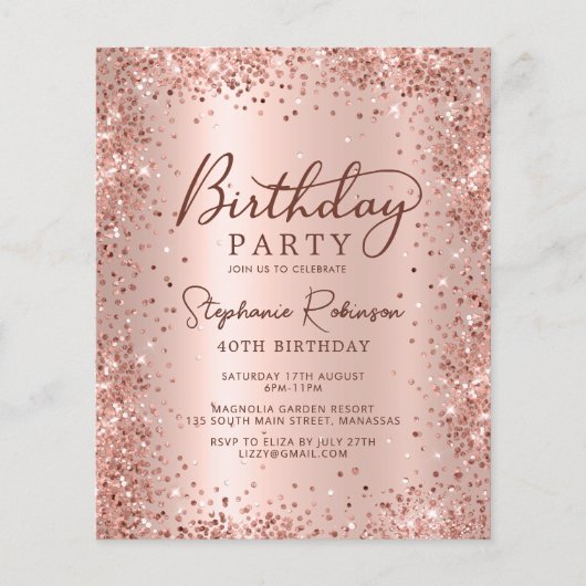 Budget Roos Gold Glitter 40th Birthday Invitation (Voorkant)