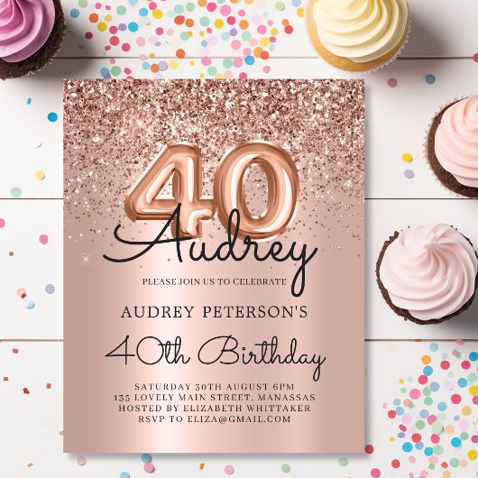 Budget Roos Gold Glitter 40th Birthday Invitation
