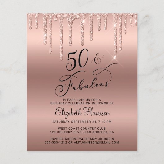 Budget Roos Gold Glitter 50th Birthday Invitation (Voorkant)