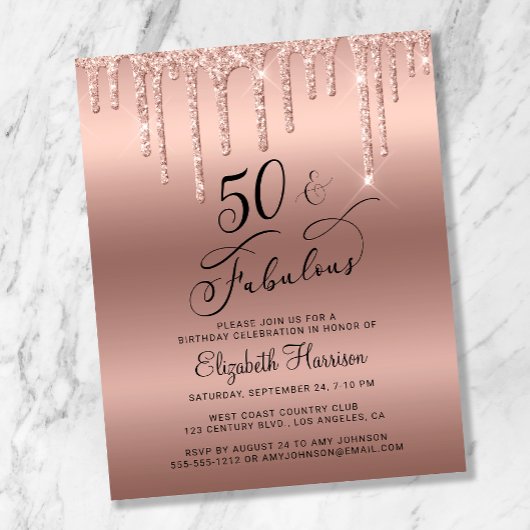 Budget Roos Gold Glitter 50th Birthday Invitation