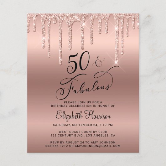 Budget Roos Gold Glitter 50th Birthday Invitation Flyer (Voorkant)