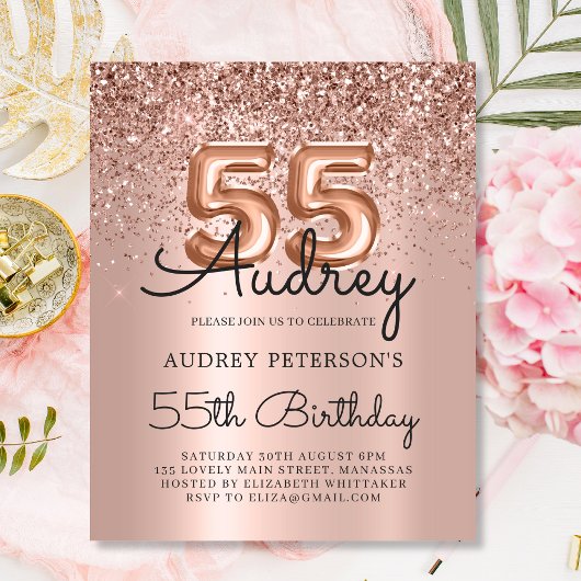 Budget Roos Gold Glitter 55e Verjaardagsuitnodigin