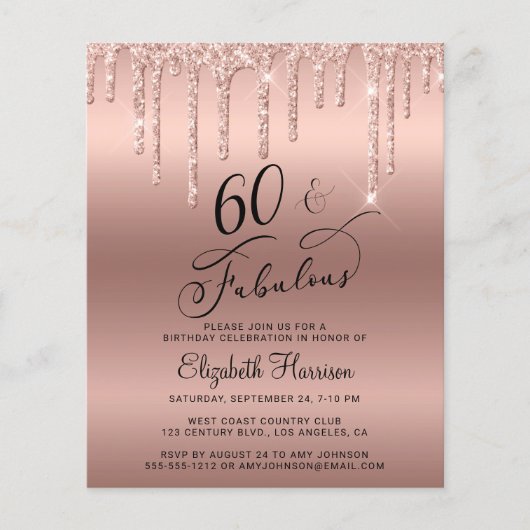 Budget Roos Gold Glitter 60th Birthday Invitation Flyer (Voorkant)