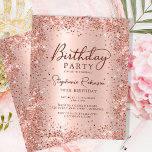 Budget Roos Gold Glitter 70th Birthday Invitation<br><div class="desc">Budget Modern elegant roos goud metallic en glitter 70e verjaardagsfeestuitnodigingen. Dit ontwerp voor een volwassen meisjeskaart heeft een stijlvolle handgeschreven kalligrafiescript,  een blush roze of roos gouden faux geborstelde metallic achtergrond met losse glam glitter lijst rond. Eenvoudig te personaliseren,  perfect voor elke leeftijd.</div>