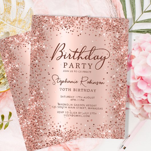 Budget Roos Gold Glitter 70th Birthday Invitation