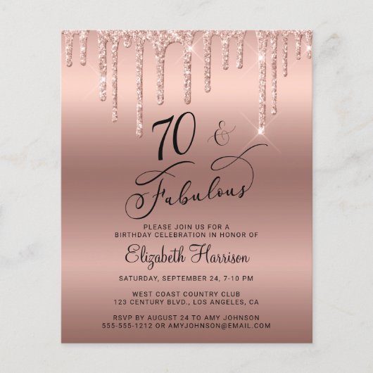 Budget Roos Gold Glitter 70th Birthday Invitation (Voorkant)