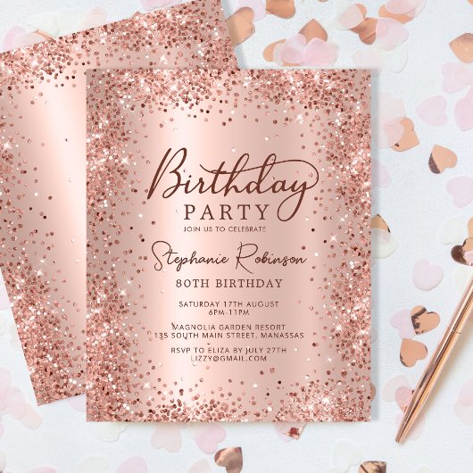 Budget Roos Gold Glitter 80e Verjaardagsuitnodigin