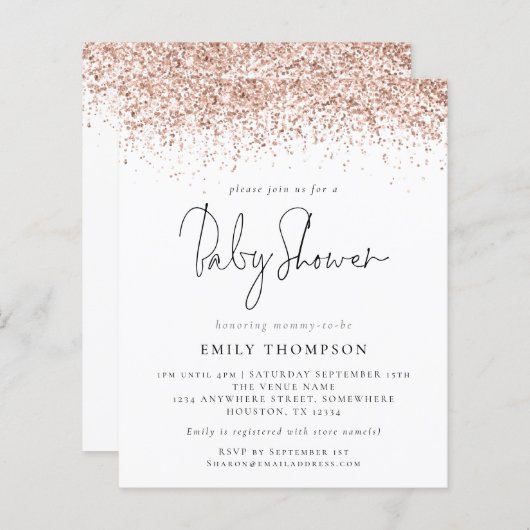 Budget Roos Gold Glitter Baby shower Uitnodiging (Voorkant / Achterkant)