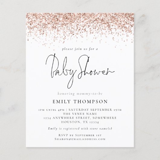 Budget Roos Gold Glitter Baby shower Uitnodiging (Voorkant)