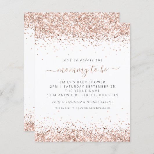 Budget Roos Gold Glitter Baby shower Uitnodiging (Voorkant / Achterkant)