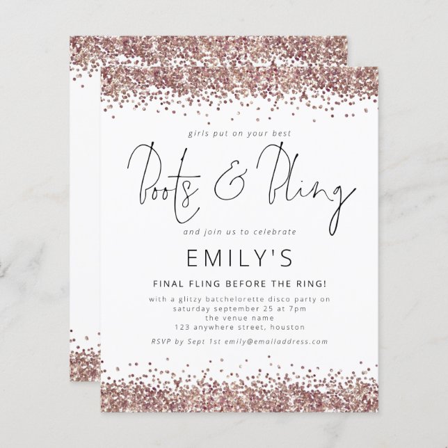 BUDGET Roos Gold Glitter Bachelorette Disco nodigt (Voorkant / Achterkant)