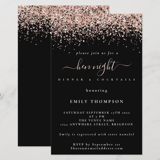 Budget Roos Gold Glitter Black Hen Night Invite (Voorkant / Achterkant)
