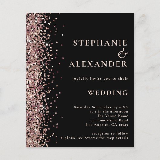 Budget Roos Gold Glitter Black QR Wedding Invite (Voorkant)