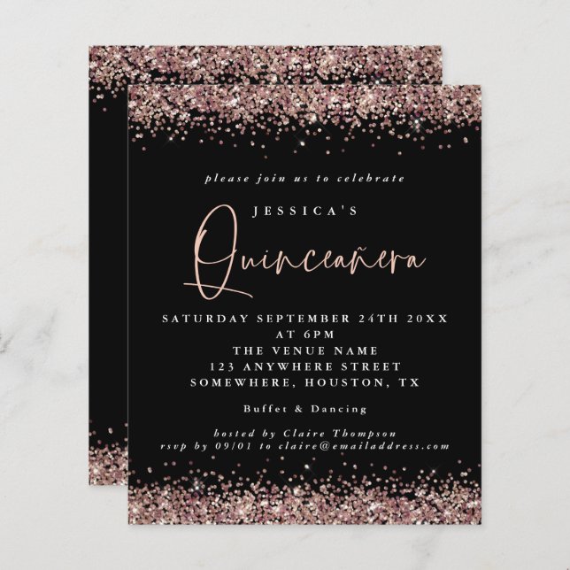 Budget Roos Gold Glitter Black Quinceanera Invite (Voorkant / Achterkant)