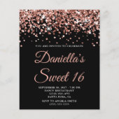 Budget Roos Gold Glitter Black Sweet 16 Invite (Voorkant)