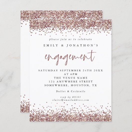 Budget Roos Gold Glitter Border Verloving Uitnodig (Voorkant / Achterkant)