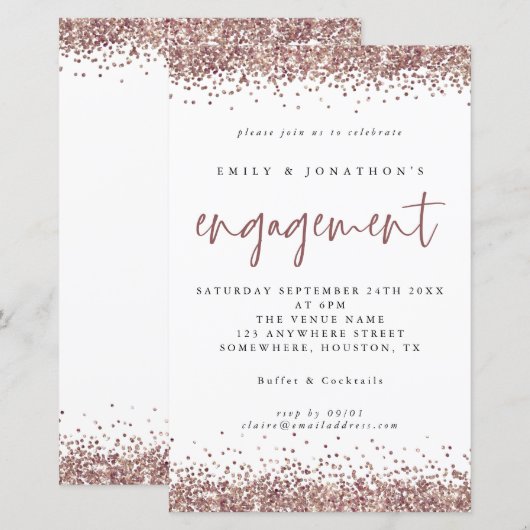 Budget Roos Gold Glitter Borders Verloving Uitnodi (Voorkant / Achterkant)
