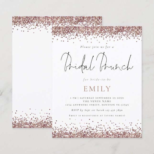 Budget Roos Gold Glitter Bridal Brunch Uitnodiging (Voorkant / Achterkant)