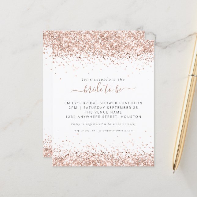 Budget Roos Gold Glitter Bridal Shower Uitnodiging (Voorkant / Achterkant in situ)