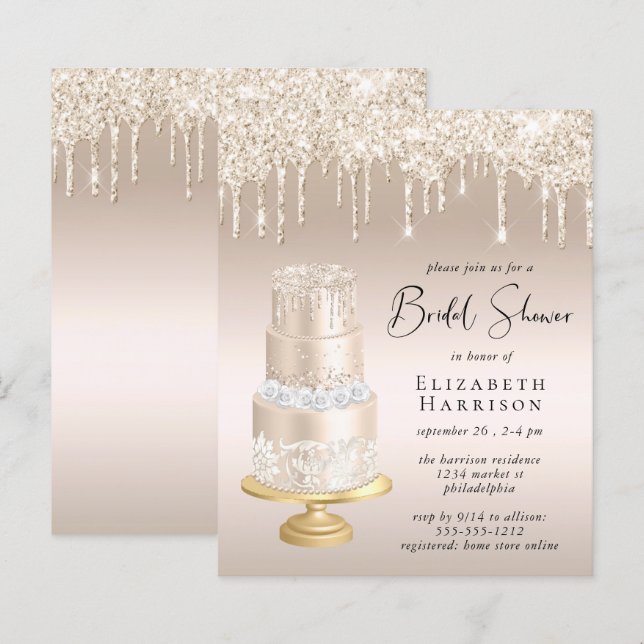 Budget Roos Gold Glitter Bridal Shower Uitnodiging (Voorkant / Achterkant)