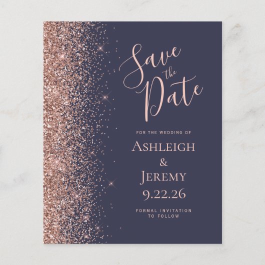 Budget Roos Gold Glitter Dark Blue Save the Date (Voorkant)