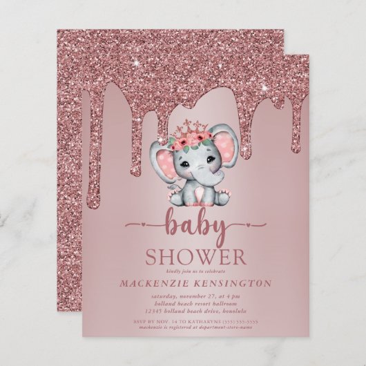 Budget Roos Gold Glitter Drift Elephant Baby Girl (Voorkant / Achterkant)