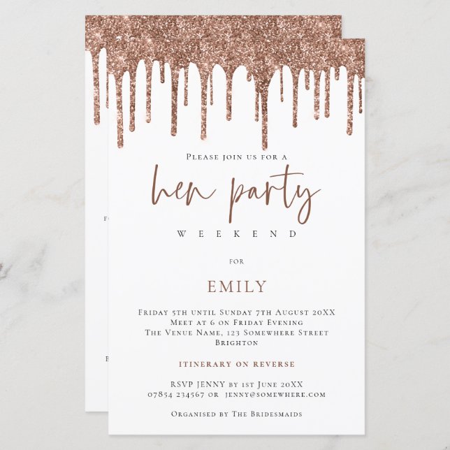 Budget Roos Gold Glitter Drip Hen Weekend Invite (Voorkant / Achterkant)