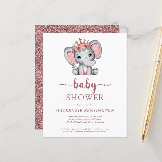 Budget Roos Gold Glitter Elephant Baby Girl (Voorkant / Achterkant in situ)