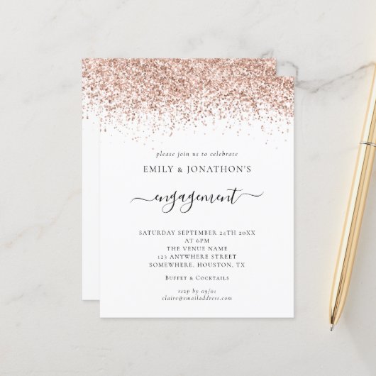 Budget Roos Gold Glitter Engagement Party nodigt u (Voorkant / Achterkant in situ)