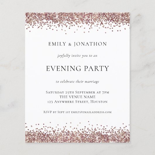 BUDGET Roos Gold Glitter Evage Party Uitnodiging (Voorkant)