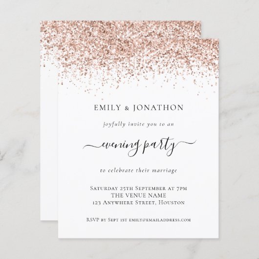 Budget Roos Gold Glitter Evening Wedding Invite (Voorkant / Achterkant)