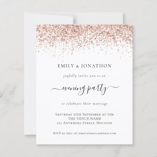 Budget Roos Gold Glitter Evening Wedding Invite (Voorkant)