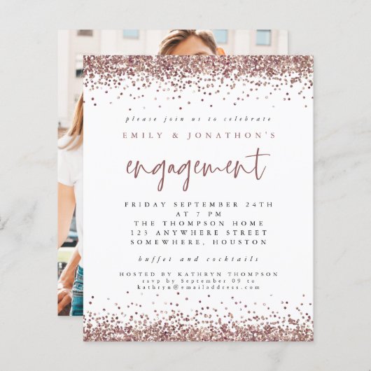 Budget Roos Gold Glitter Foto Verloving Uitnodigen (Voorkant / Achterkant)
